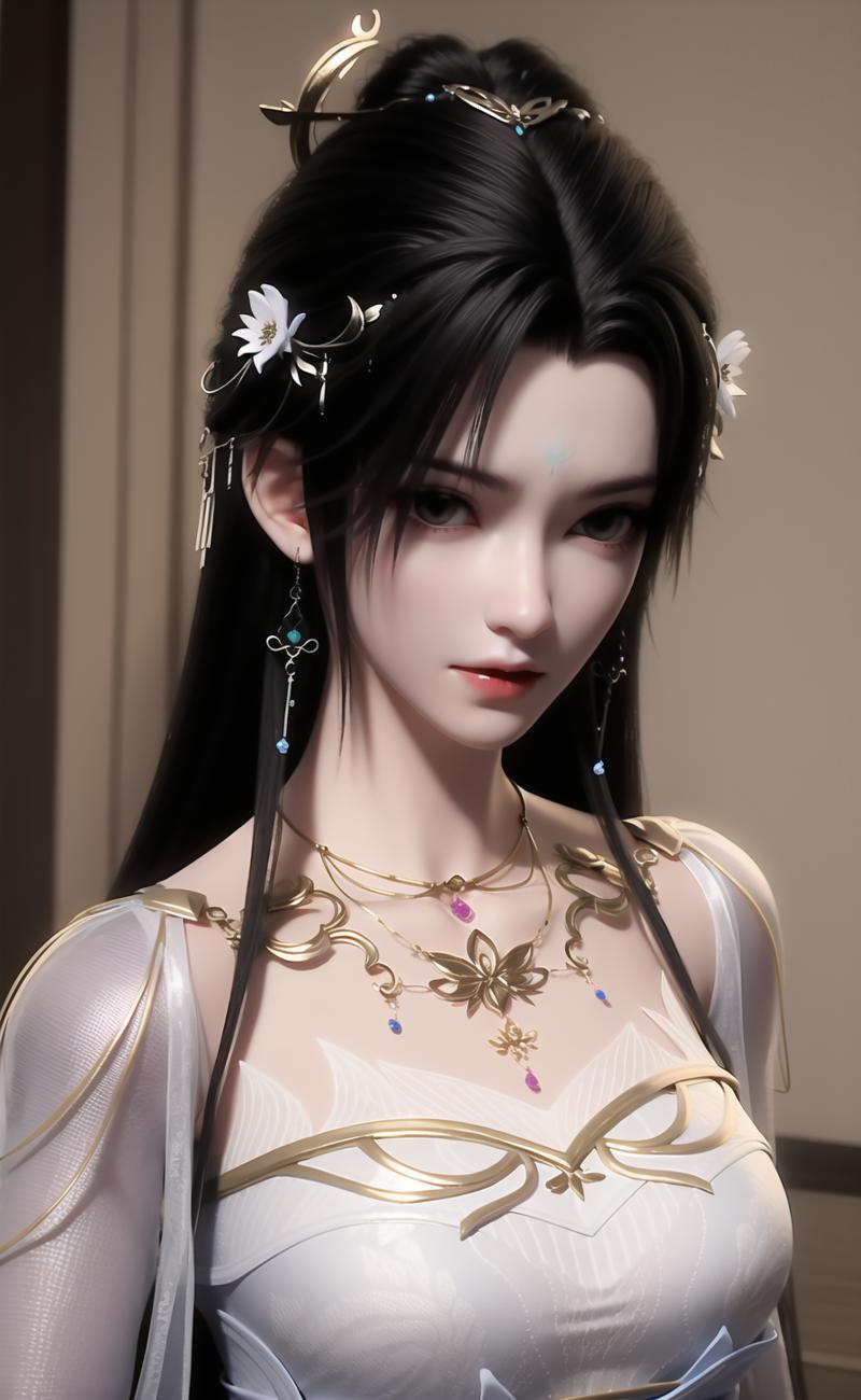 24701-2678051139-qingyi,1girl,solo,jewelry,hair ornament,long hair,necklace,upper body,dress,earrings,blurry background,facial mark,forehead mark.png